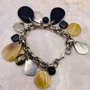 J. Jill Silver Metal and Black Glass Charm Chain Link Bracelet. 7 inch